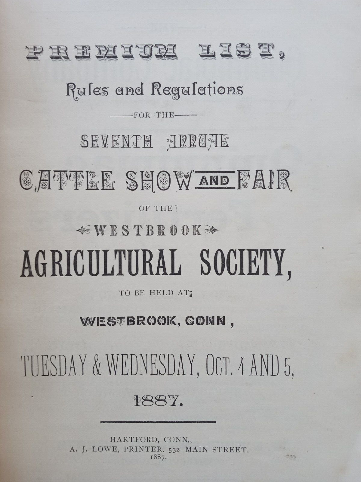 WESTBROOK CT Agricultural Society 1887 Cattle Show & Fair Program 7th Annual
