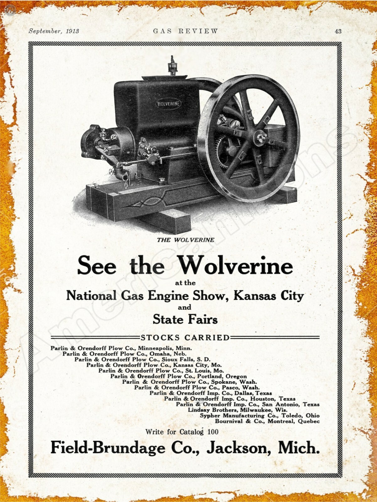 1913 Field Brundage Co Wolverine Gas Engine New Metal Sign: Large Size – 12 x 16