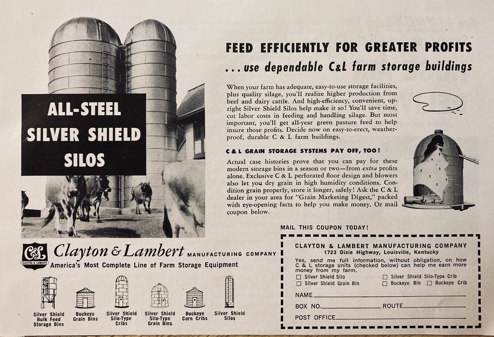 1958 AD(XH48)~CLAYTON & LAMBERT MFG. CO. LOUISVILLE, KY. SILO, GRAIN BIN STORAGE