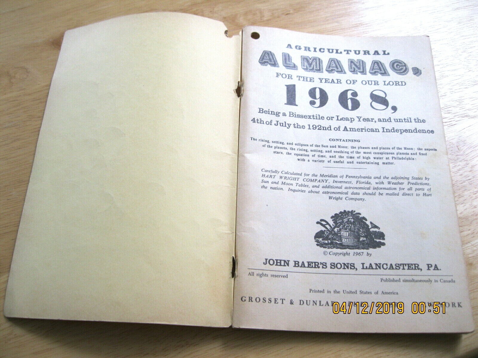 Booklet Baer’s Agricultural Almanac for the Year 1968 with Weather Forcasts