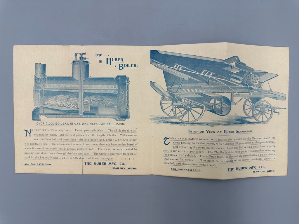 1880s HUBER ENGINE Farm THRESHER Advertise 4-Panel Folding Trade Card MARION OH