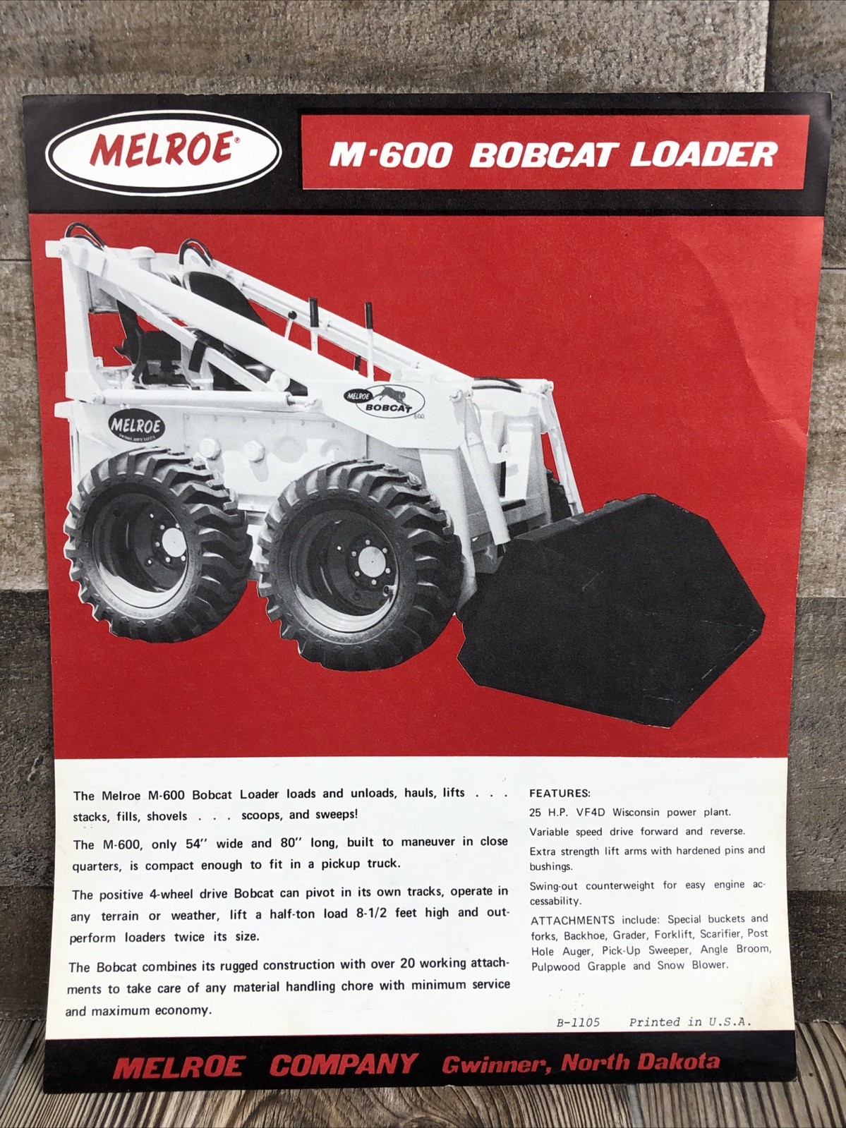 Rare Vintage Melroe M-600 Bobcat Loader Brochure Pamphlet Advertising