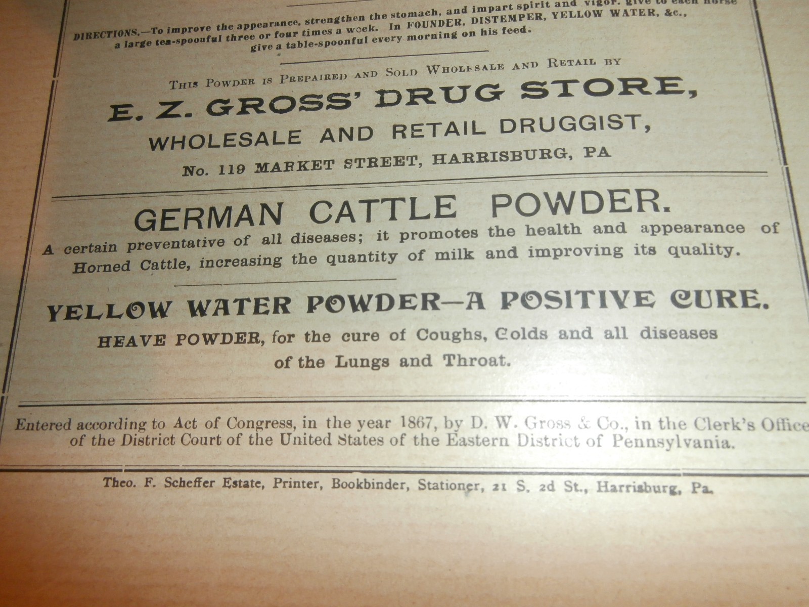 Harrisburg PA E Z Gross Drug Store German Horse Cattle Powder 1800’s Paper Ad