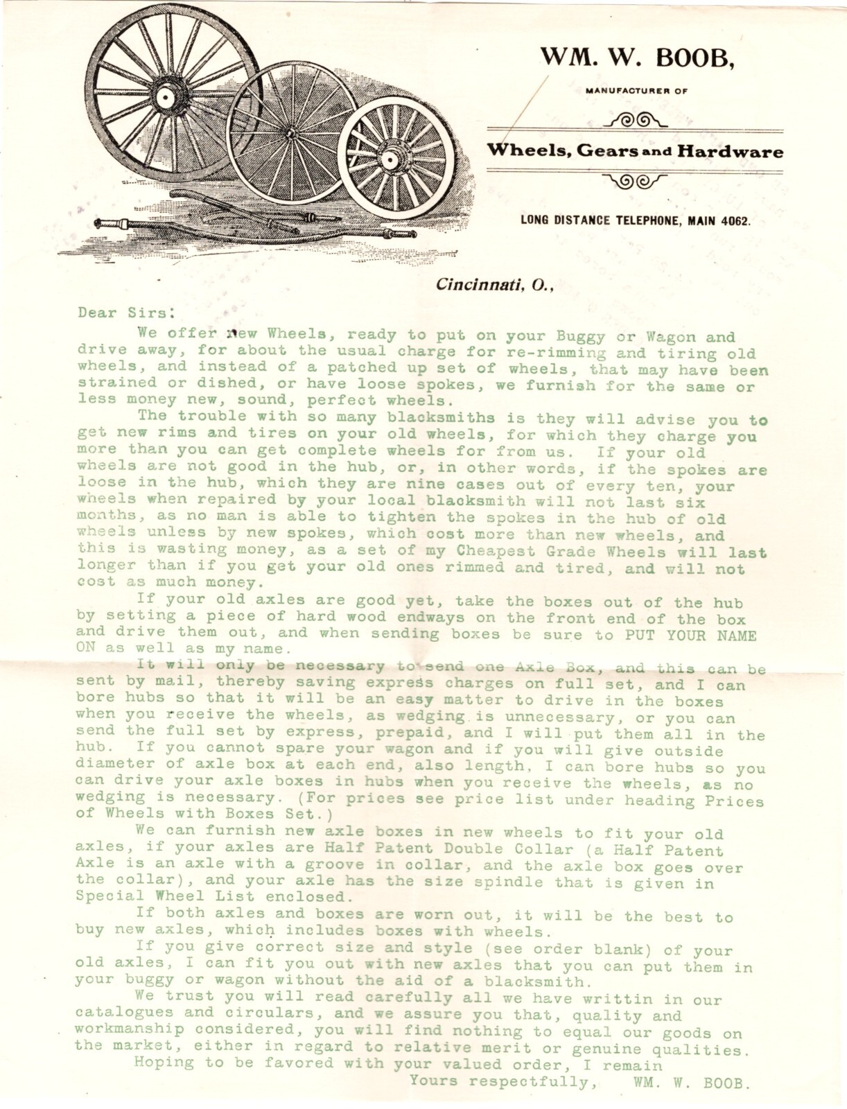 1890’s Wm. W. Boob, Mfg of Wheels, Gears, Buggies/Flyers, Add Sheets, Catalog 17