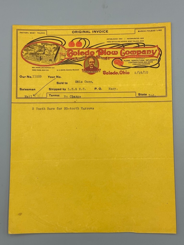 1890 & 1910 TOLEDO PLOW Ohio FARM Advertising Invoice