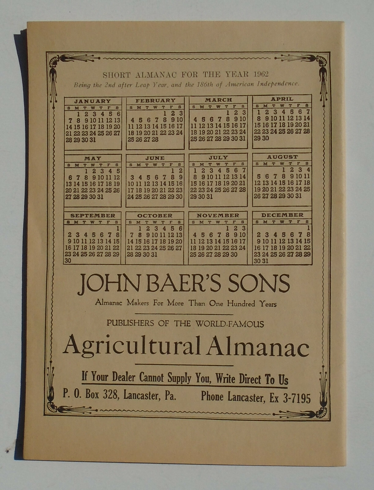John Baer’s Sons, Lancaster, PA 1962 Agricultural Almanac