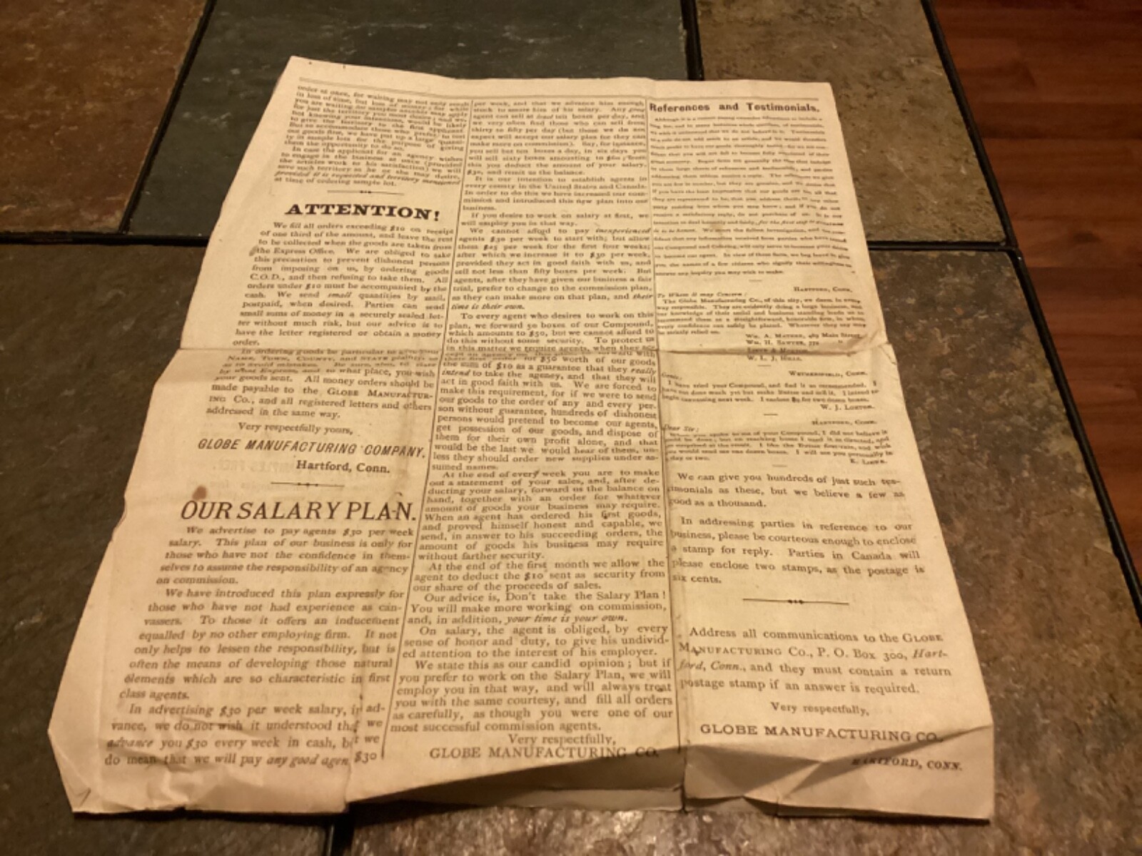 1800s Globe Manufacturing Co, Hartford, “Star Butter Compound” Flyer / Pricelist