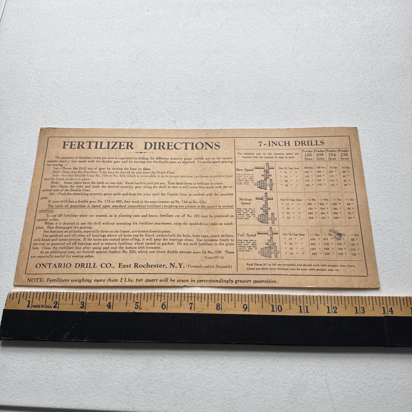 Ontario Drill Co. 7-Inch Drills Fertilizer Directions Application chart