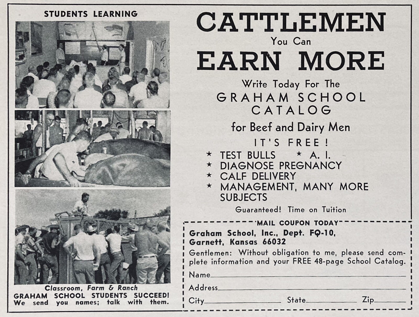 1965 AD.(XH48)~GRAHAM SCHOOL, GARNETT, KS. FARM & RANCH CATTLEMEN SCHOOL