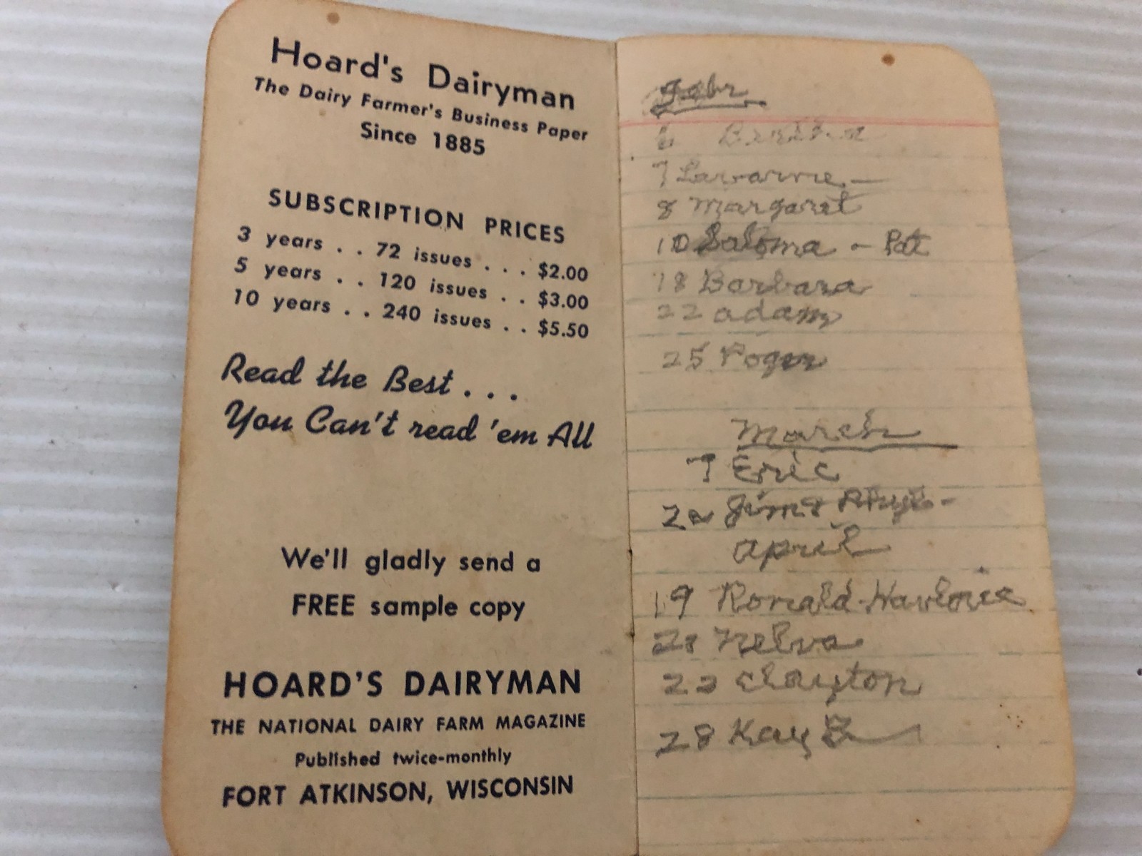 Vintage HOARD’S DAIRYMAN Memo Book Fort Atkinson Wisconsin 1963