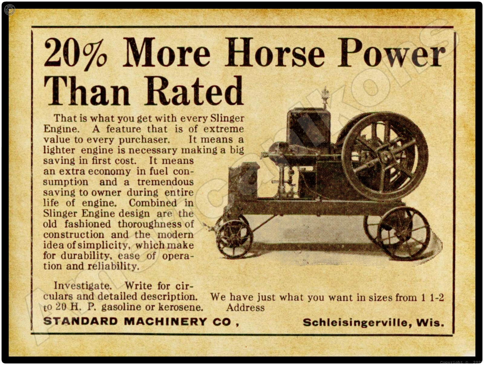1916 Standard Machinery Co. Slinger Engine New Metal Sign: Schleisingerville, WI