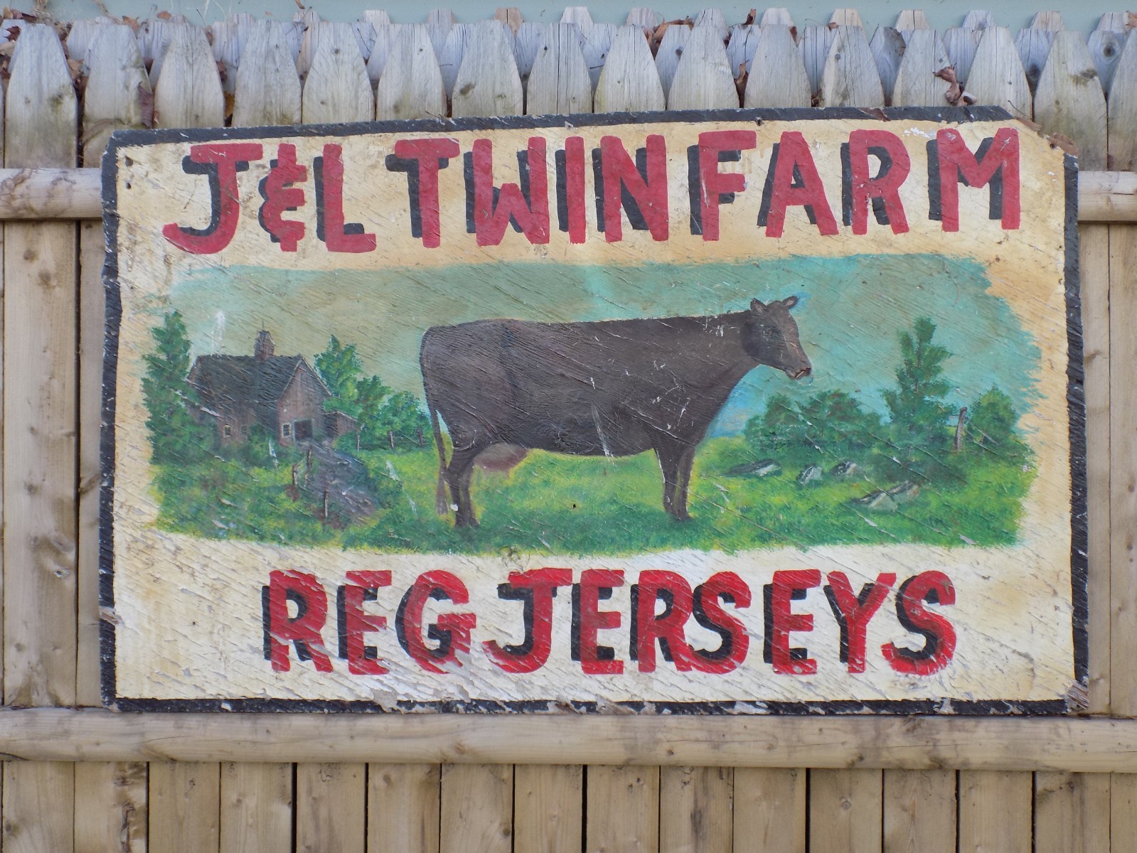 Vintage J & L Twin Farm Reg.. Jerseys Painted Pressed Wood Board Sign