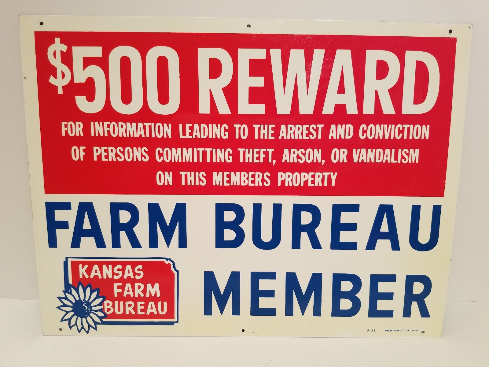 1972 KANSAS FARM BUREAU $500 REWARD SIGN – NEW OLD STOCK
