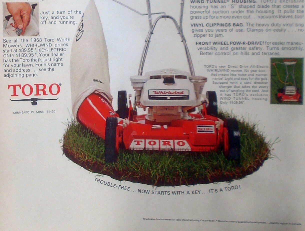 Toro Key-lectric Lawn Mower Starts Fast Every Time Vtg 1968 Print Ad 10 x 14″