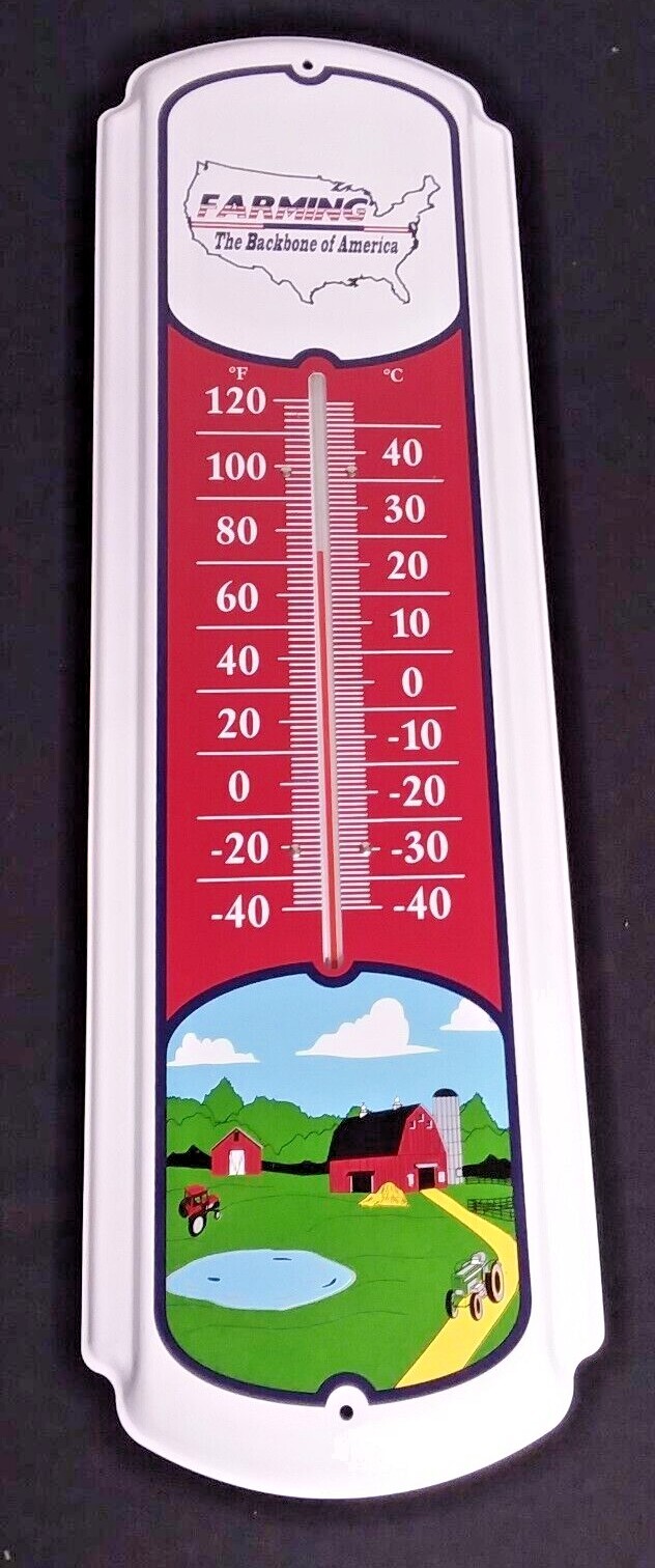 vtg FARMING TRACTOR FARM ADVERTISING THERMOMETER 27″ BARN SIGN,GARAGE,MAN CAVE