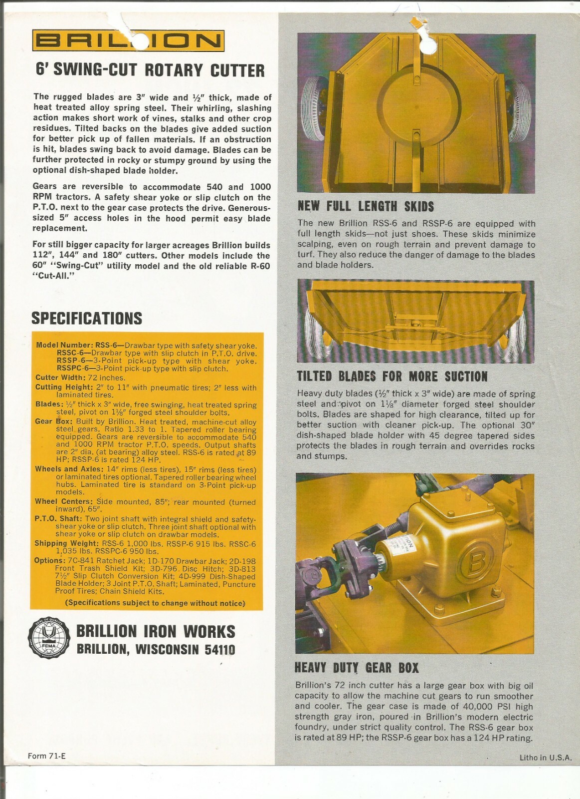 Original Brillion RSS-6 Swing-Cut 72″ Rotary Cutter Sales Brochure Form No. 71-E