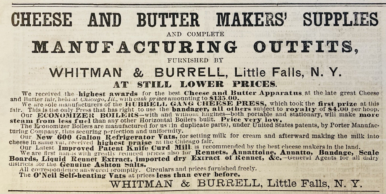 1878 AD.(XH87)~WHITMAN & BURRELL, LITTLE FALLS, NY. CHEESE & BUTTER SUPPLIES