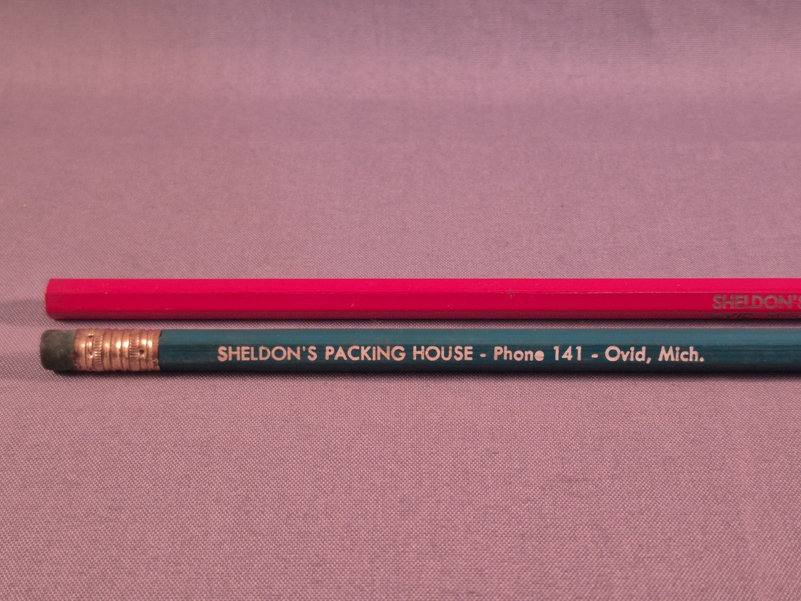 Vintage Pencil Sheldon’s Meat Packing House Ovid MI Green Red Advertisement