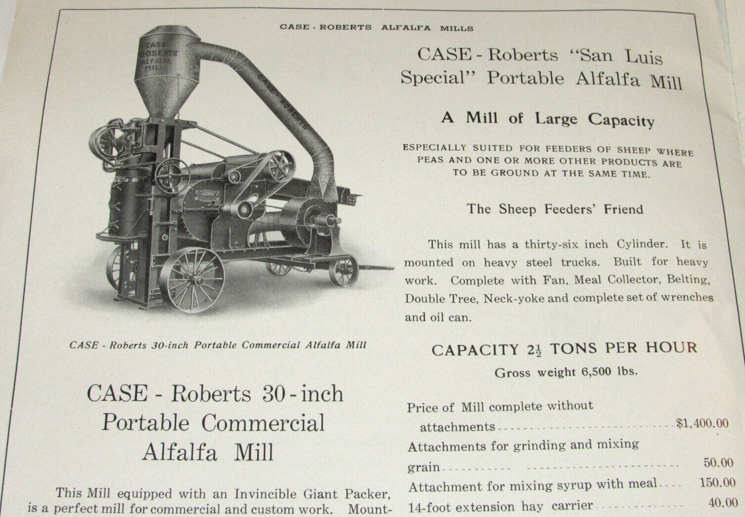 VTG 1913 CASE-ROBERTS ALFALFA MILLS CATALOG! J I CASE THRESHING MACHINE CO! JI