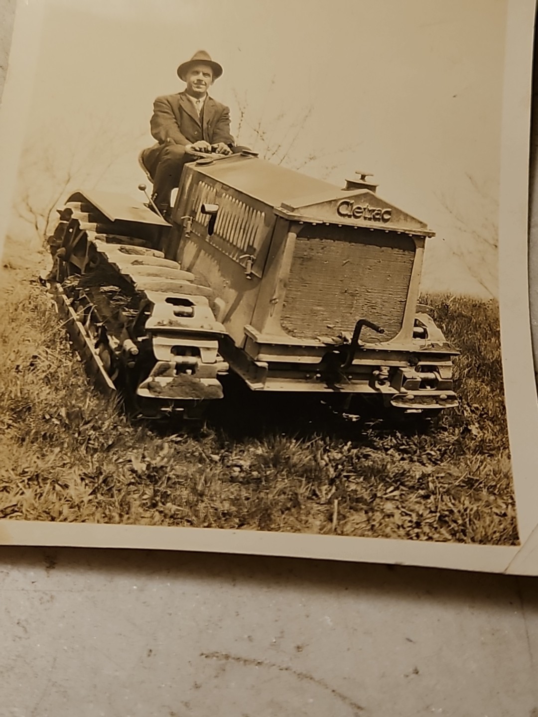 Antique Cletrac Tractor Photo w Man All Dressed Up In His Best Angular Radiator