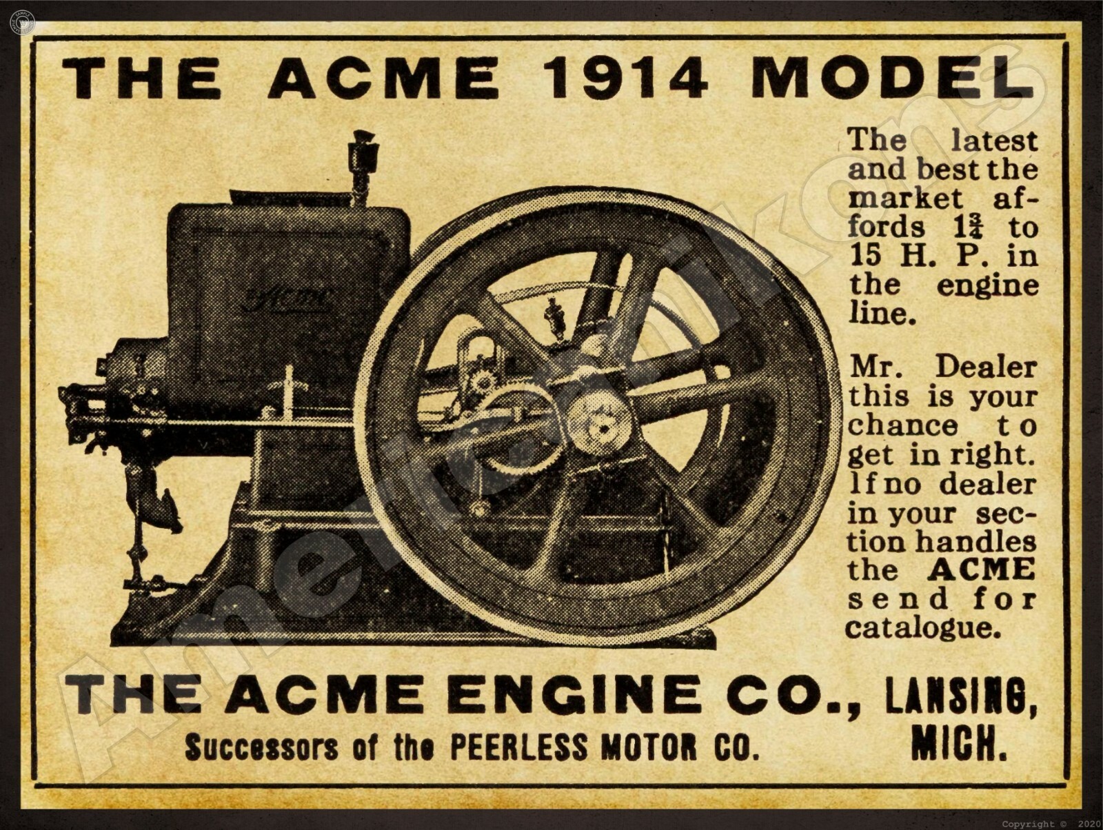 1912 ACME Gas Engine, Lansing, MI NEW Metal Sign 24″x30″ USA STEEL XL Size 7 lb