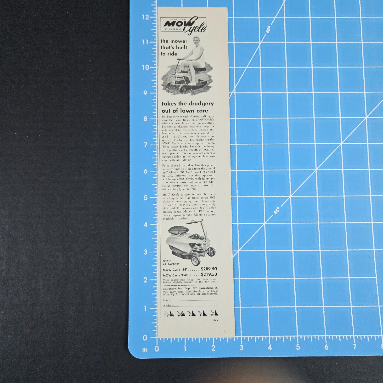 1957 Musgrave Mow Cycle Mower Vintage Print Ad Springfield OH Cadet Happy Lady
