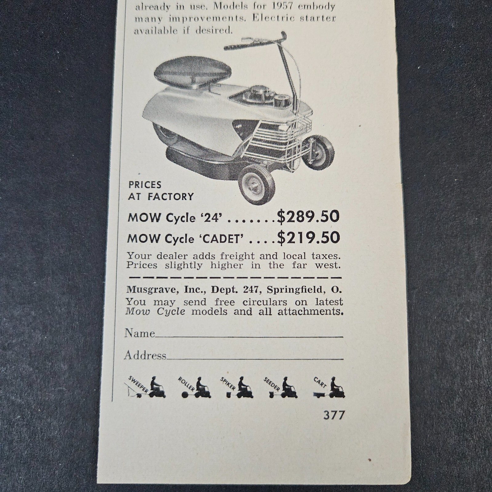 1957 Musgrave Mow Cycle Mower Vintage Print Ad Springfield OH Cadet Happy Lady