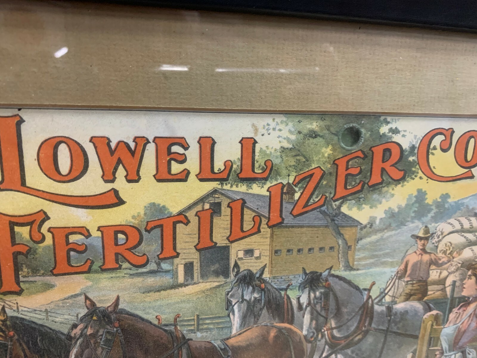 Rare Vintage Lowell Fertilizer Co. Litho Framed Sign FARM GAS OIL SODA COLA 17″
