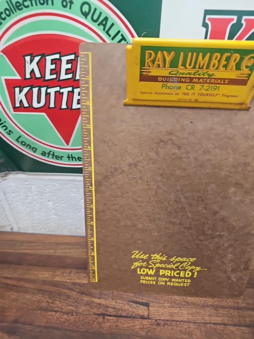 L42- NEAT vintage RAY LUMBER advertising Clipboard Metal Sign 13 x 9″