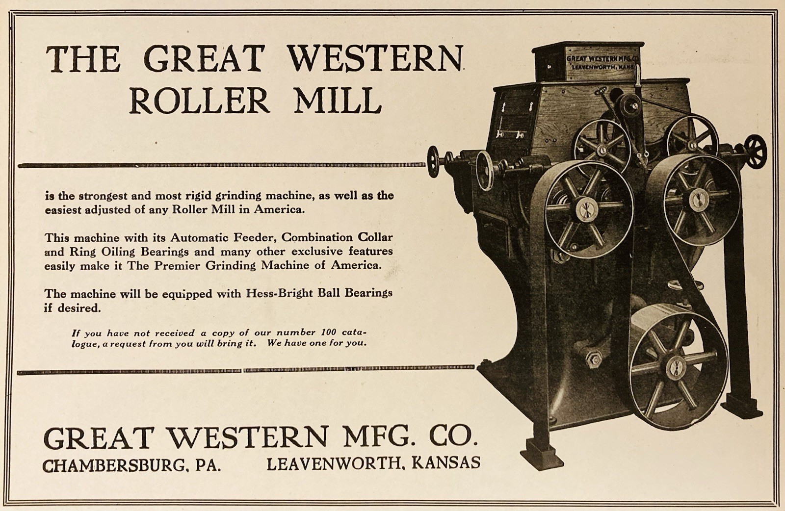 1919 AD.(PC9)~GREAT WESTERN MFG. CO. LEAVENWORTH, KS. FLOUR GRINDING ROLLER MILL