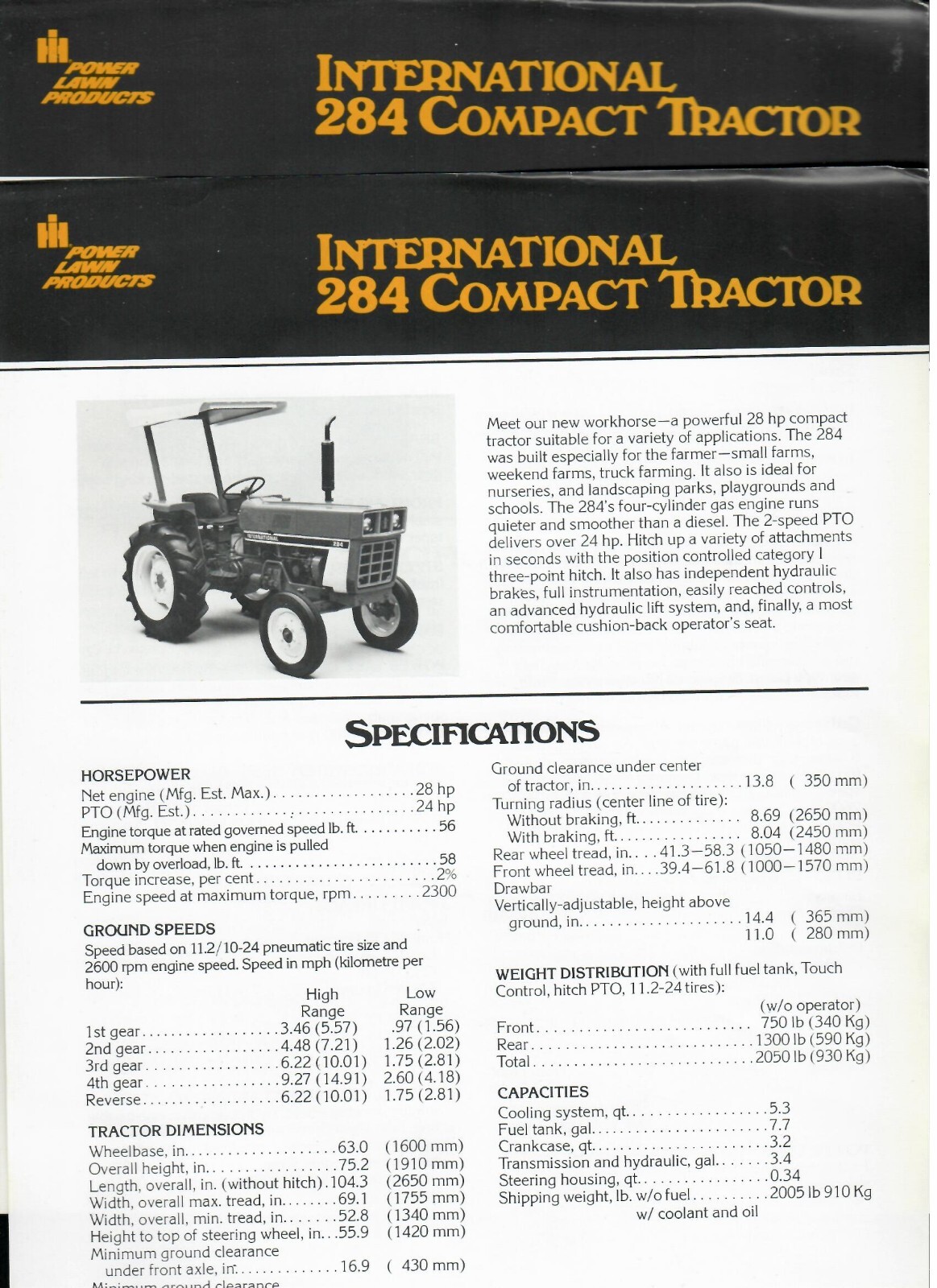 2- INTERNATIONAL 284 COMPACT TRACTOR SPEC. SHEETS AD-32517-F1