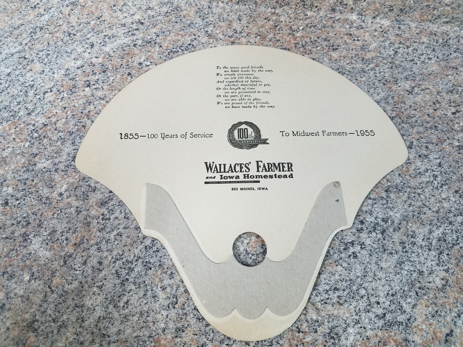 VINTAGE WALLACES’ FARMER 100TH ANNIVERSARY HAND HELD FAN, DES MOINES, IOWA, 1955