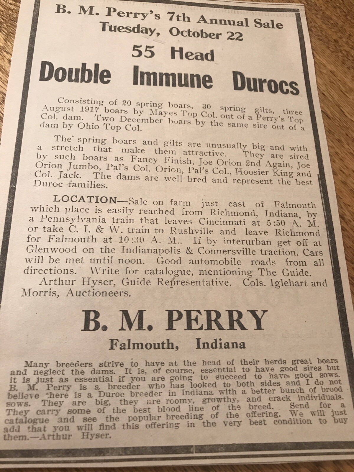 ORIGINAL 1918 Sow Public Sale – Falmouth – Indiana – Farm Advertising – Hog Pig