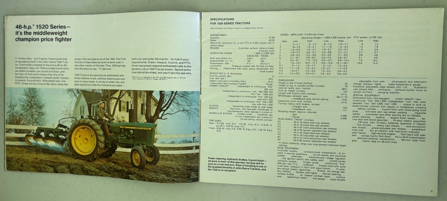 John Deere 820 1020 1520 2030 Tractor for 1971 Brochure DCPA26