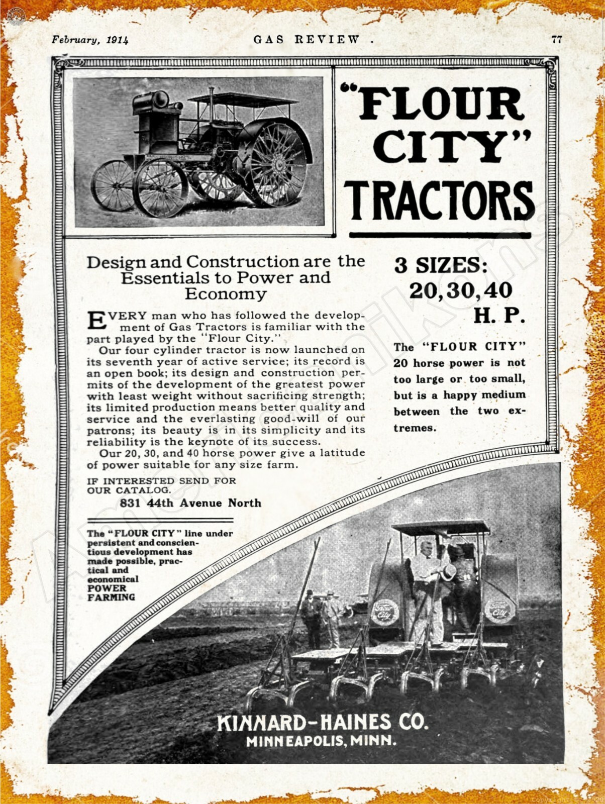 1914 Kinnard Haines Flour City Gas Tractors New Metal Sign: Minneapolis, MN