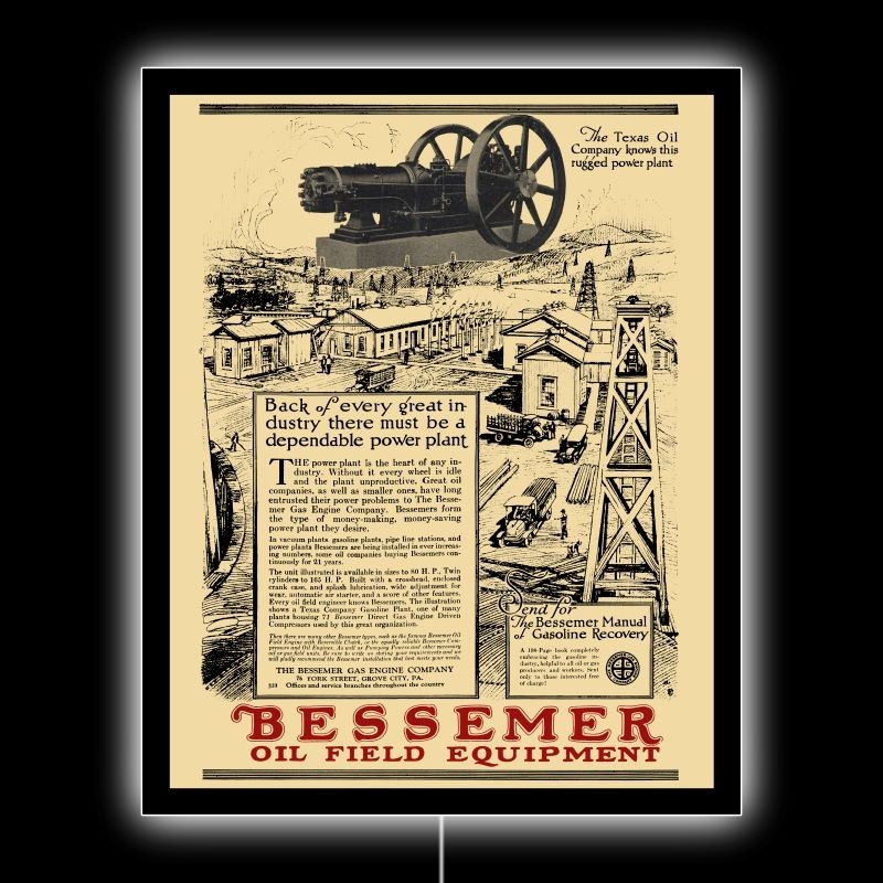 1921 Bessemer Gas & Oilfield Engines NEW LED Hanging Lighted Sign: 18×23″