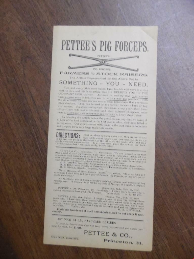1890 Pettee’s Pig Forceps Advertising Broadside Princeton IL Veterinary Antique
