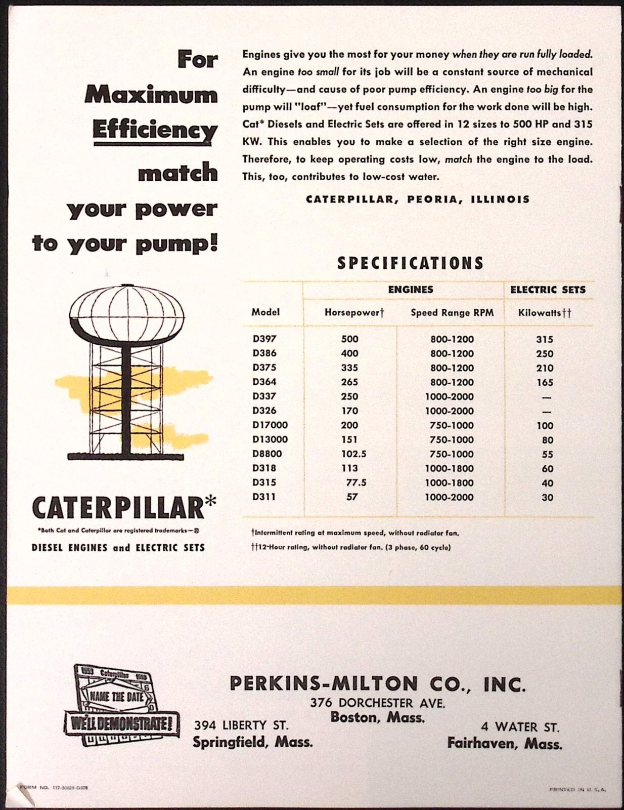 1954 Caterpillar Water Power for Low Cost Pump Brochure Perkins Milton Co Boston