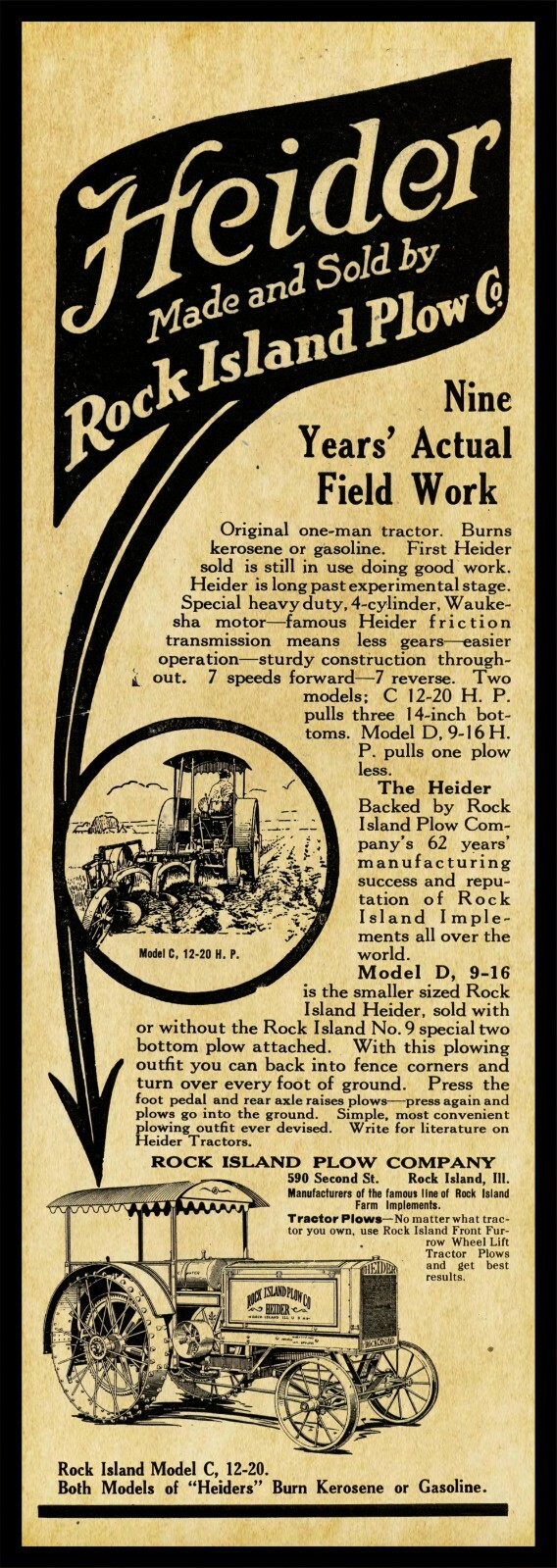 1917 Heider Tractors NEW Metal Sign, 12″ x 36″ USA STEEL XL Size – 4 LBS.