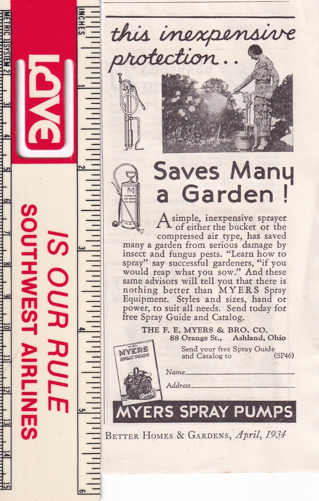 Myers Spray Pumps Ashland OH 1934 Print Ad 5″x2″
