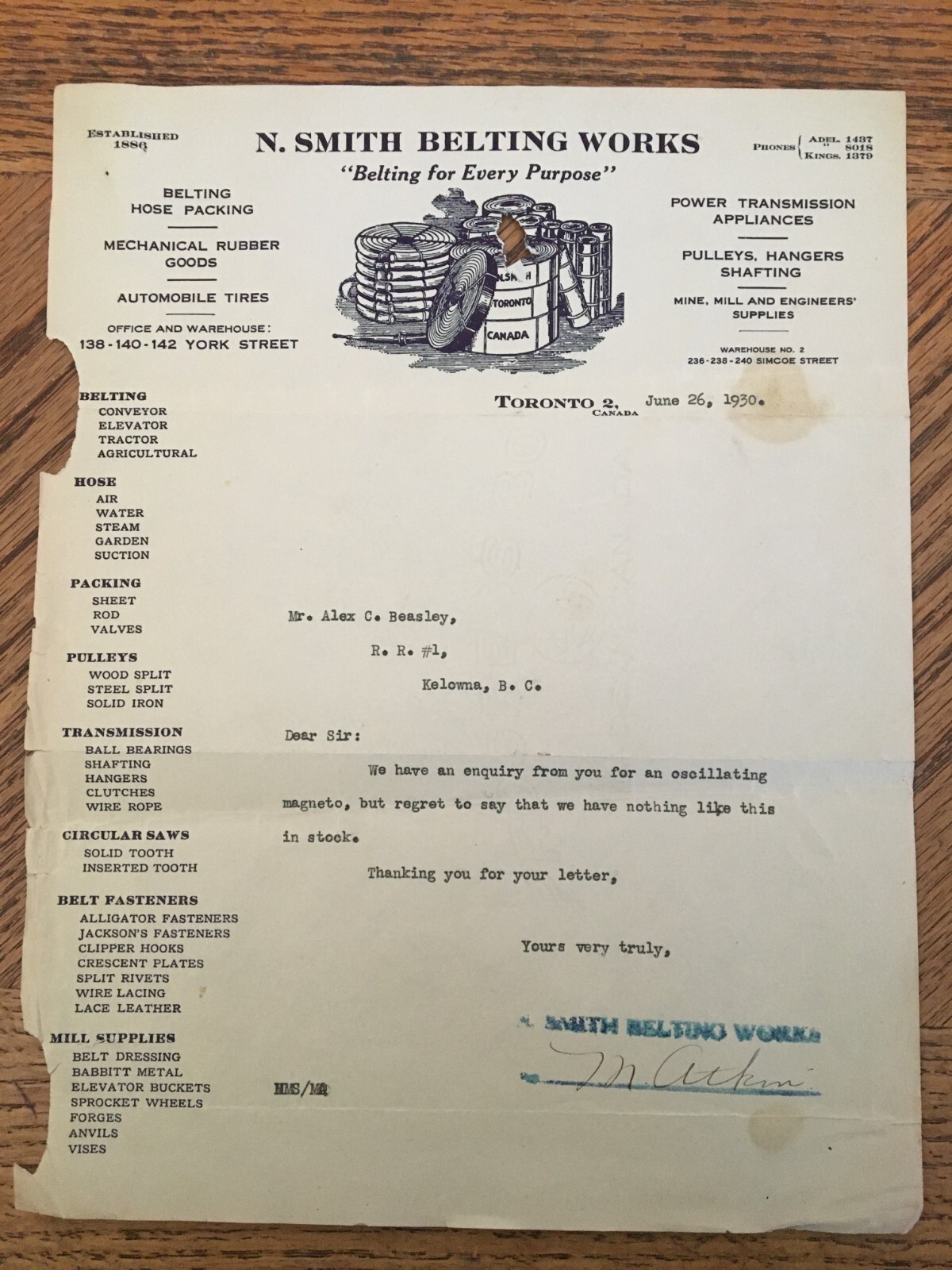Smith Belting Works Toronto Receipt Letter 1930 Kelowna BC Cattle Ranch Farm