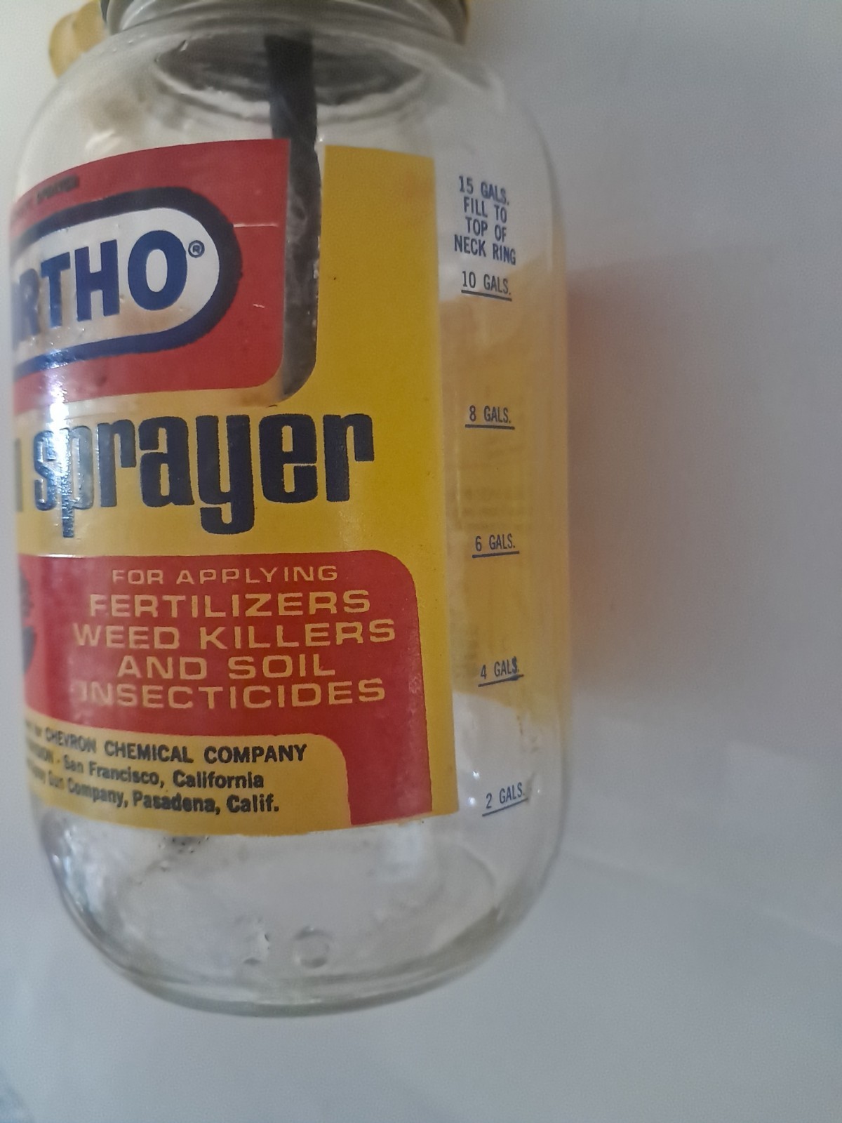Vintage Ortho Lawn Sprayer Glass Jar Yellow Metal Lid 8″ w/ Instructions ON IT