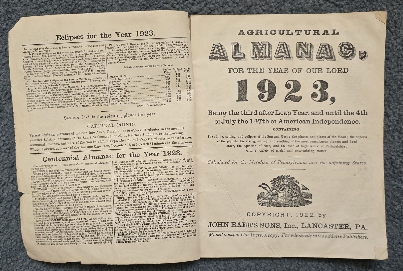 1923 John Baer’s Sons Agricultural Almanac Lancaster, PA Volume 198th Magazine