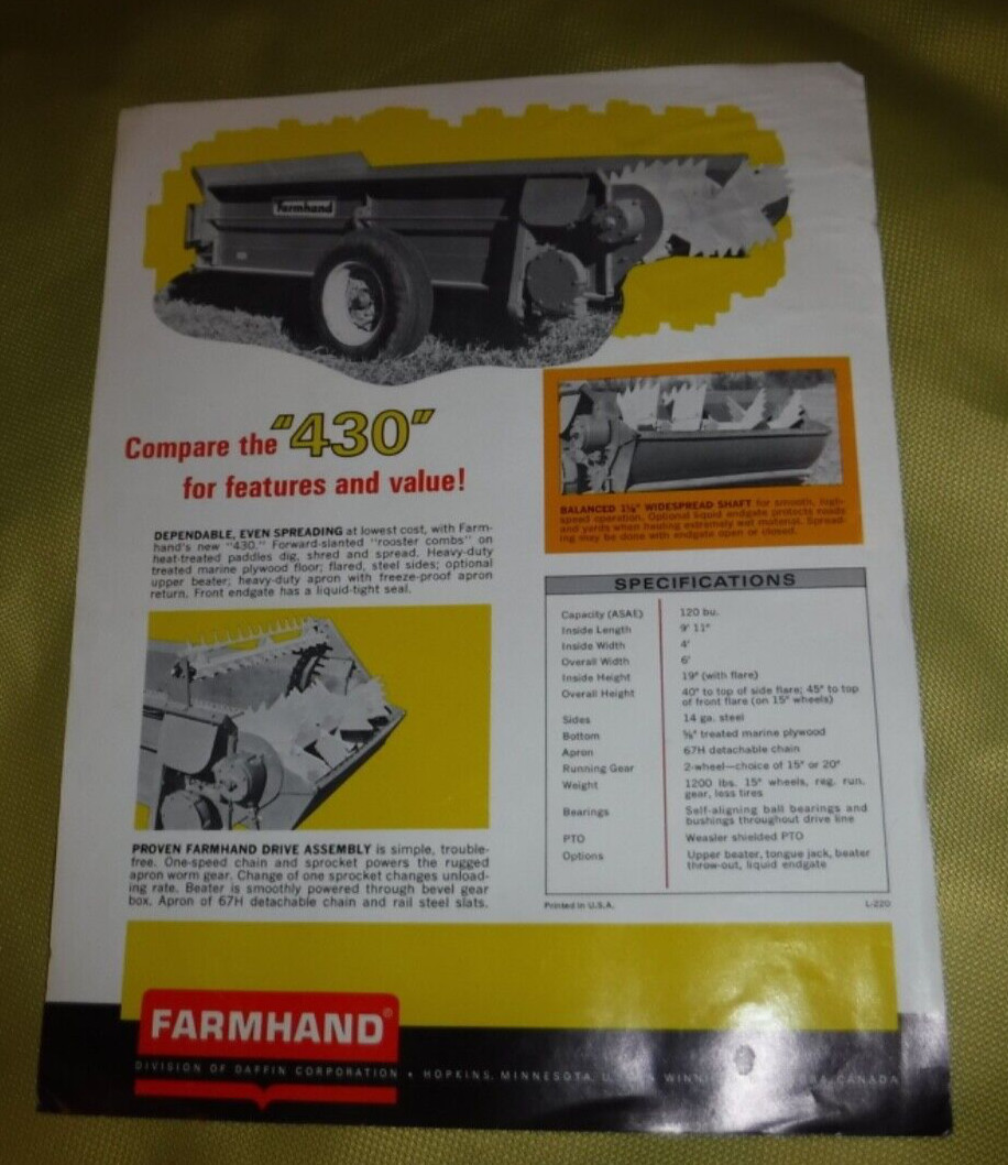 FARMHAND 430 MANURE SPREADER AD 1 PAGE FLYER