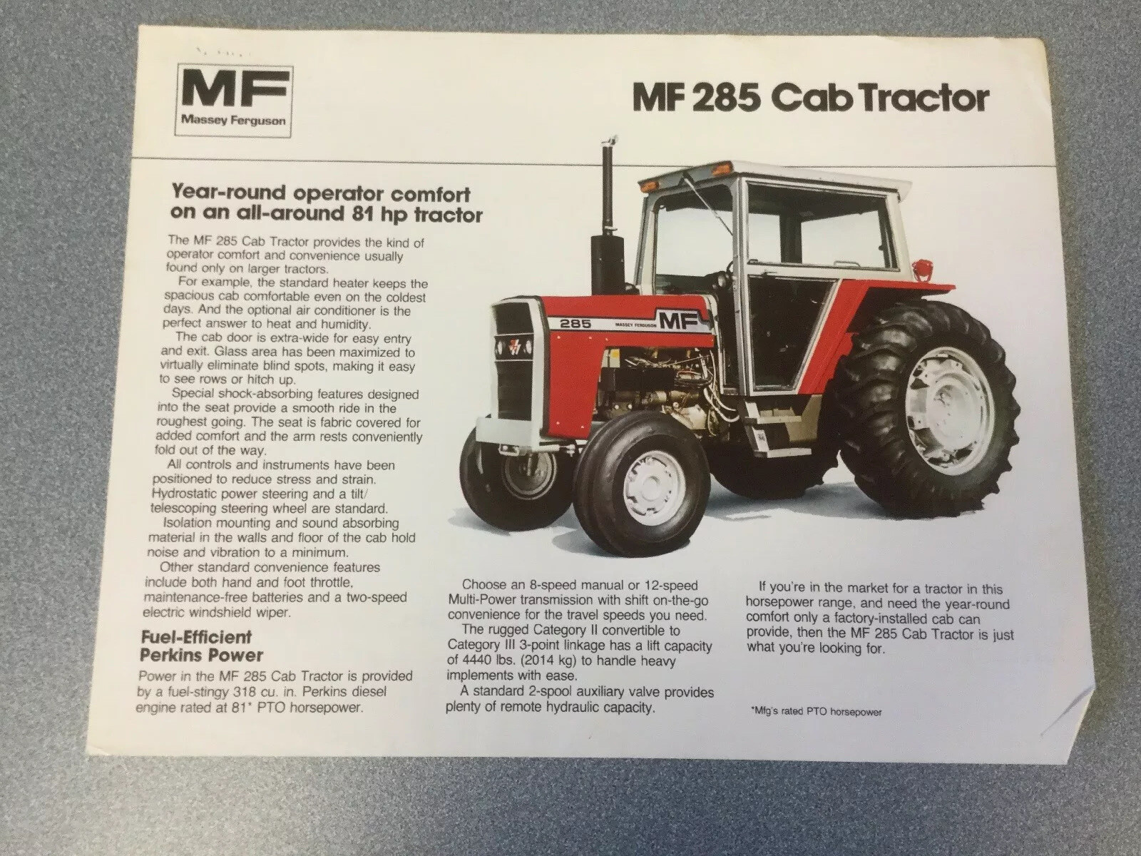 Massey Ferguson MF 285 Cab Tractor Single Sheet