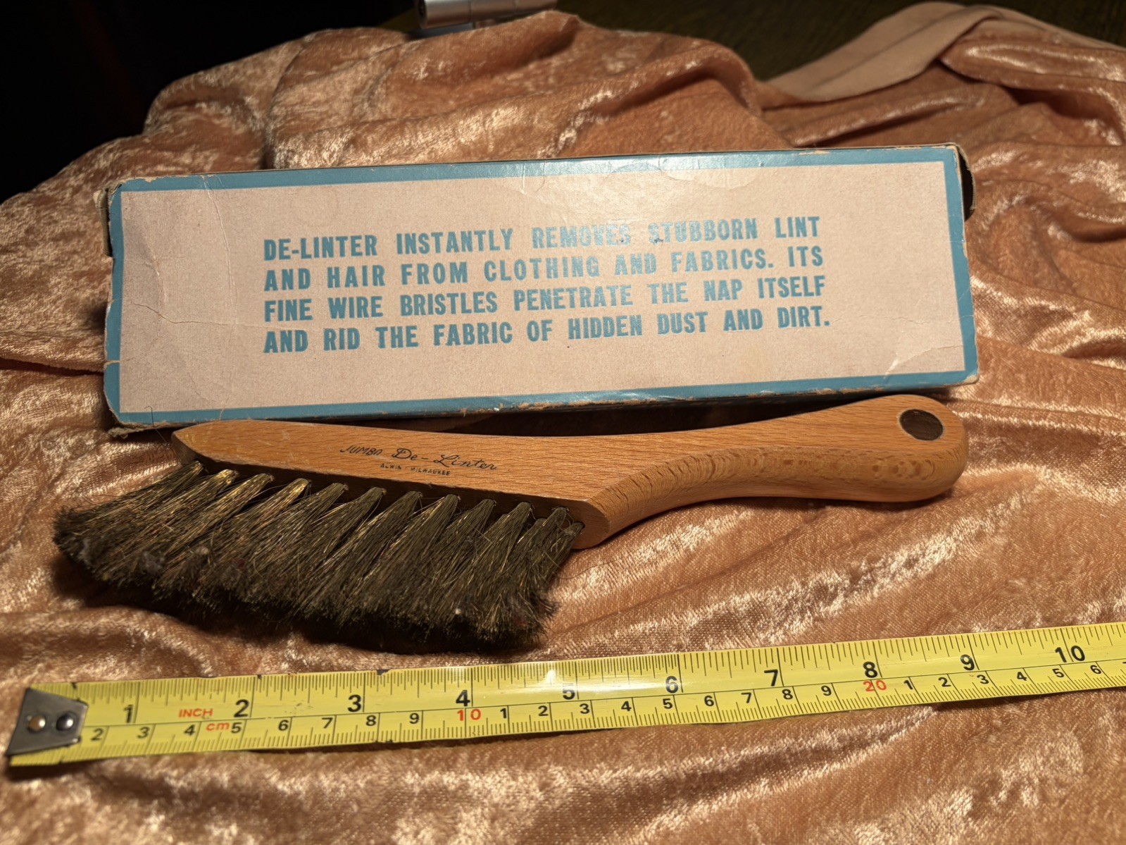 Vintage Advertising delinter wire bristles Jumbo wood handle 9” clothes fabric