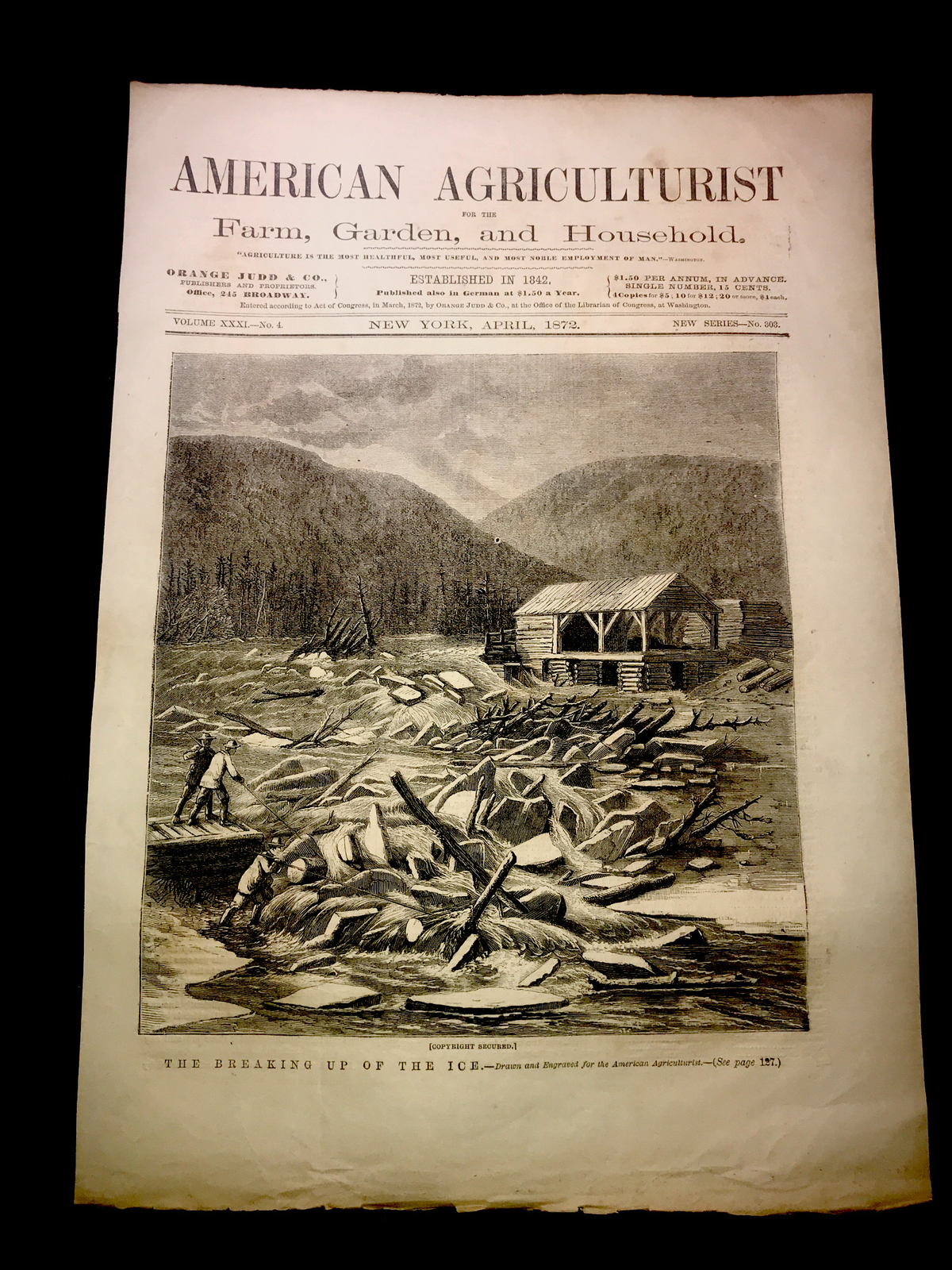 ORIGINAL 1872 THE BREAKING UP OF THE ICE Settler Farm Engraving Advertising