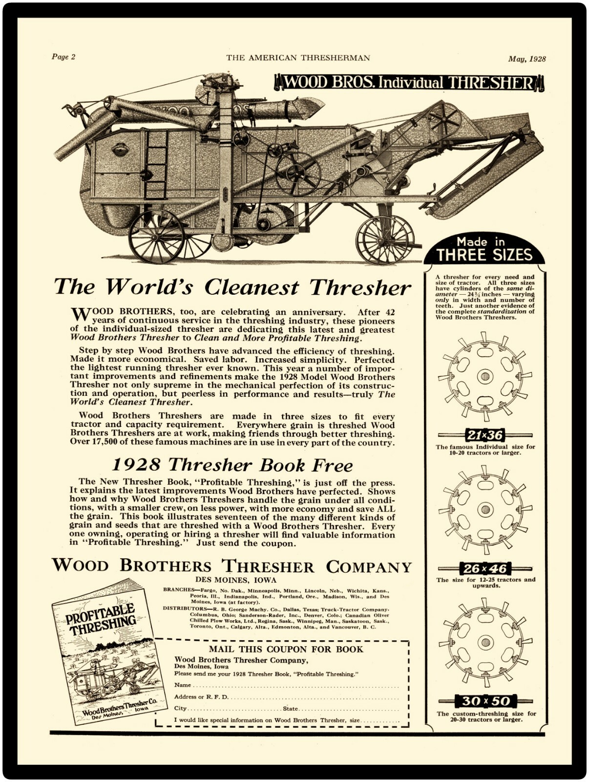1928 Wood Brothers Individual Metal Sign: 21 x 36 Thresher, Des Moines, Iowa