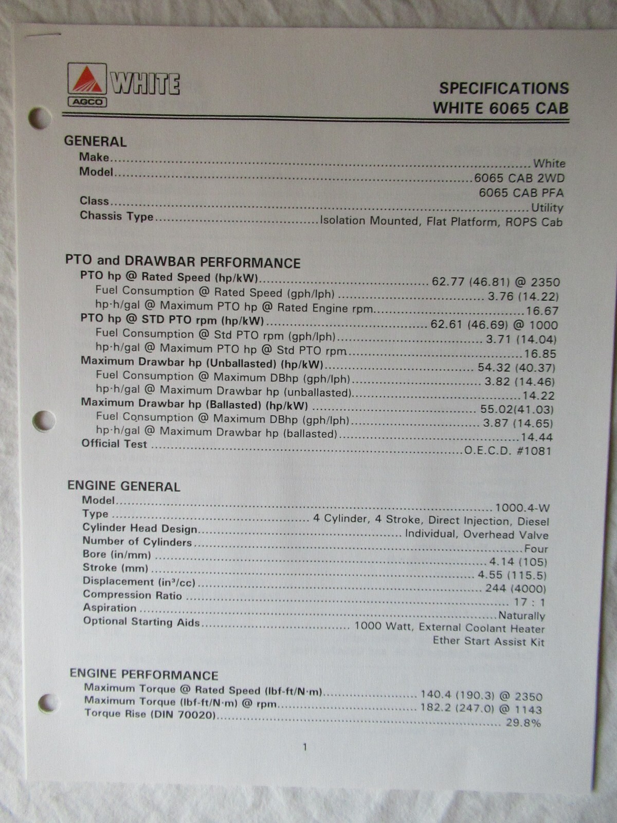 AGCO White 6000 6065 Tractor Cab Technical Specifications Dealer Only Manual
