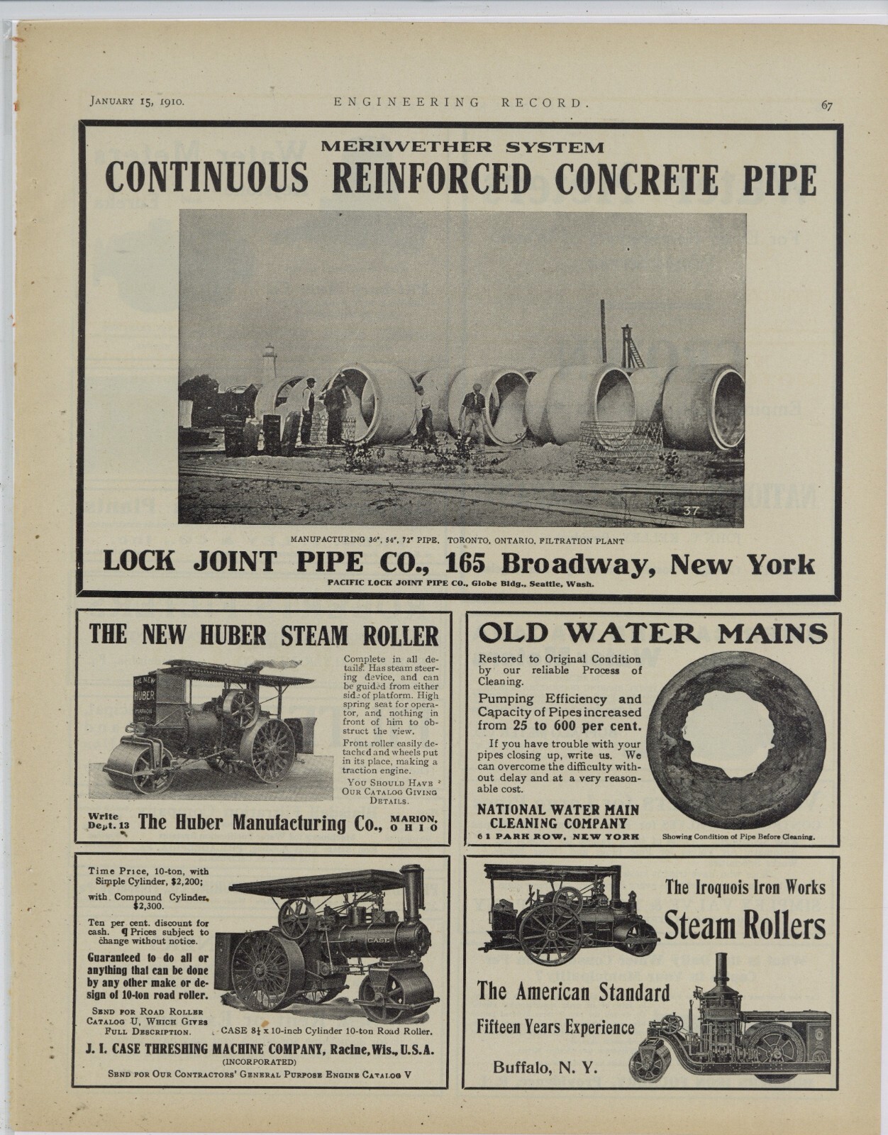 1910 Road Roller Ads on 1 Pg: Huber, JI Case, Iroquois Iron Works, Steam Engines